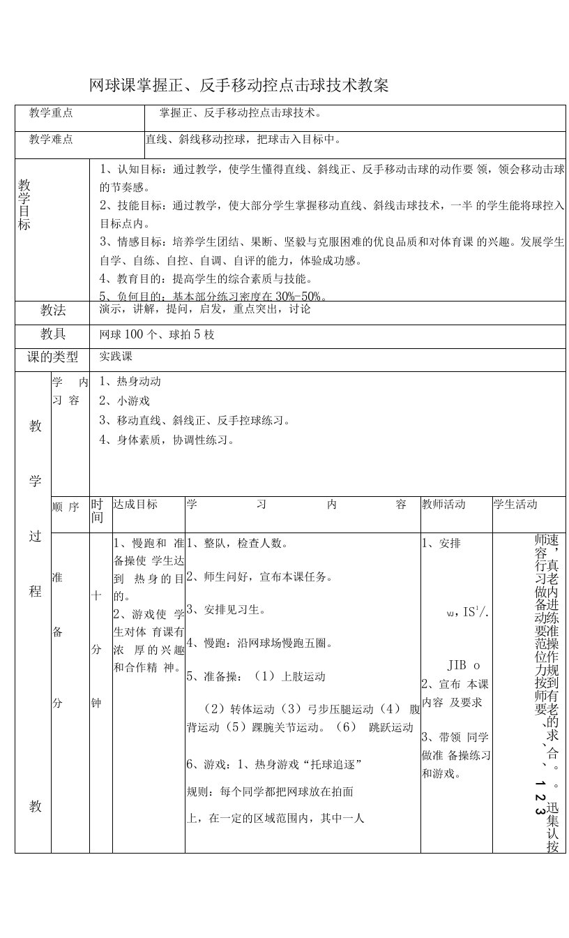 网球课掌握正、反手移动控点击球技术教案