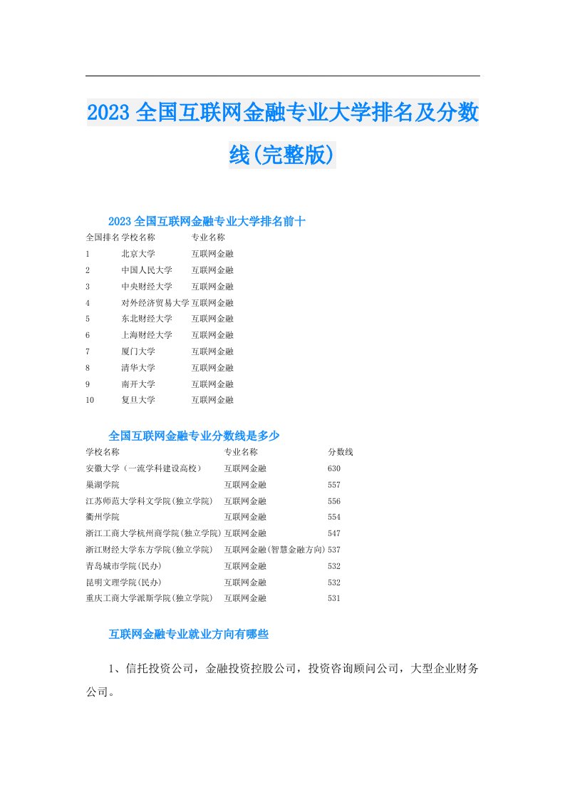 全国互联网金融专业大学排名及分数线(完整版)