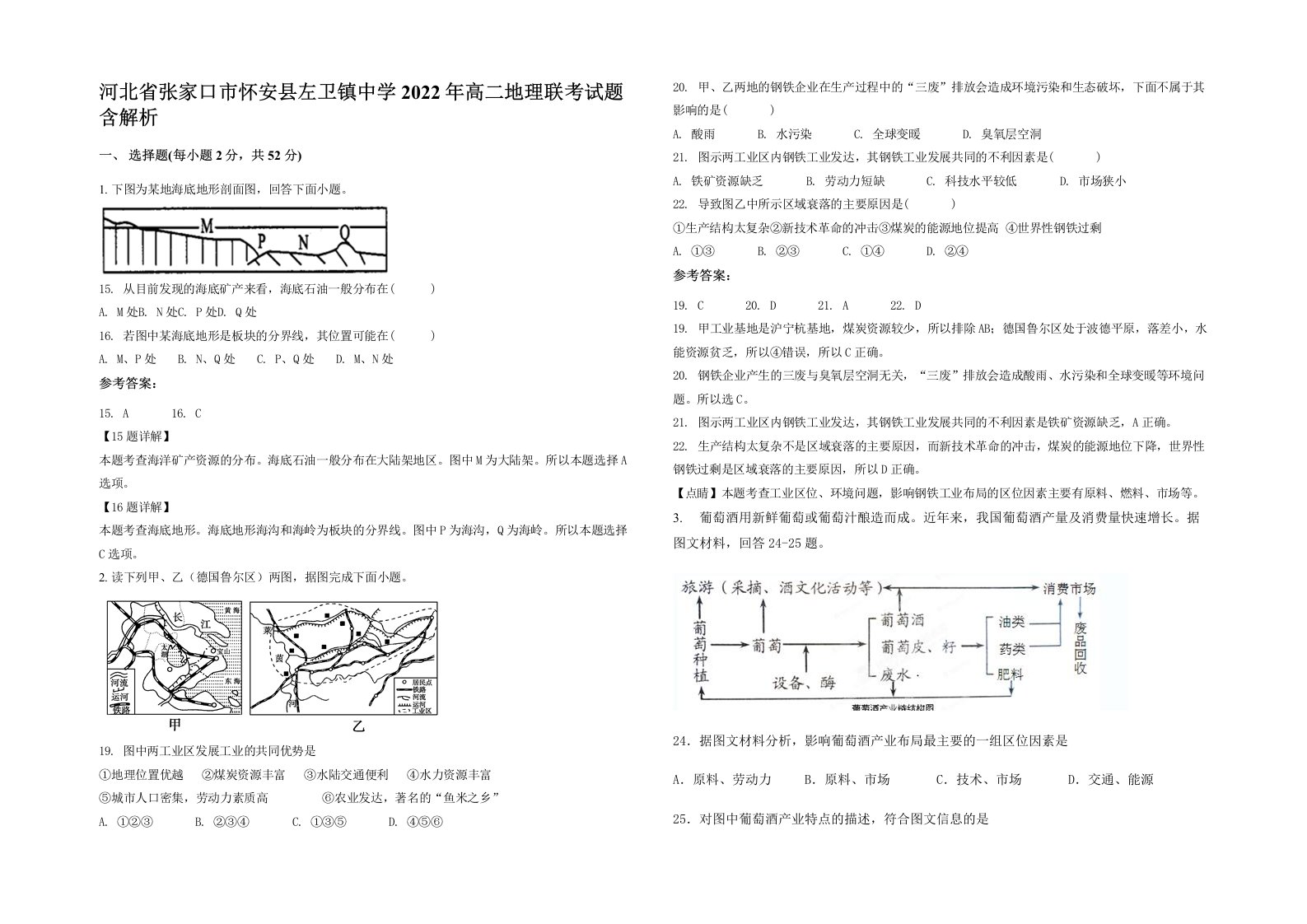 河北省张家口市怀安县左卫镇中学2022年高二地理联考试题含解析