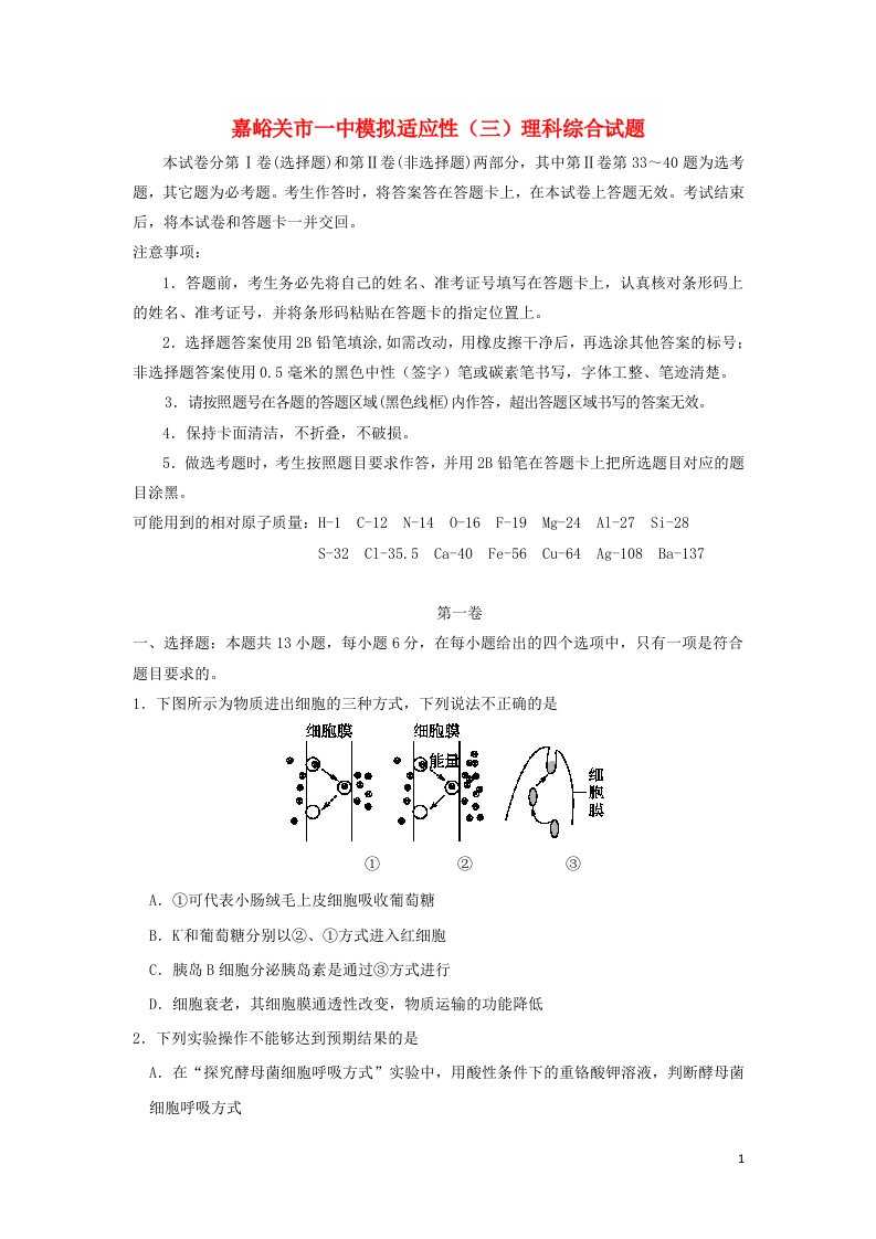 甘肃省嘉峪关一中高三理综下学期适应性考试试题（三）（无答案）