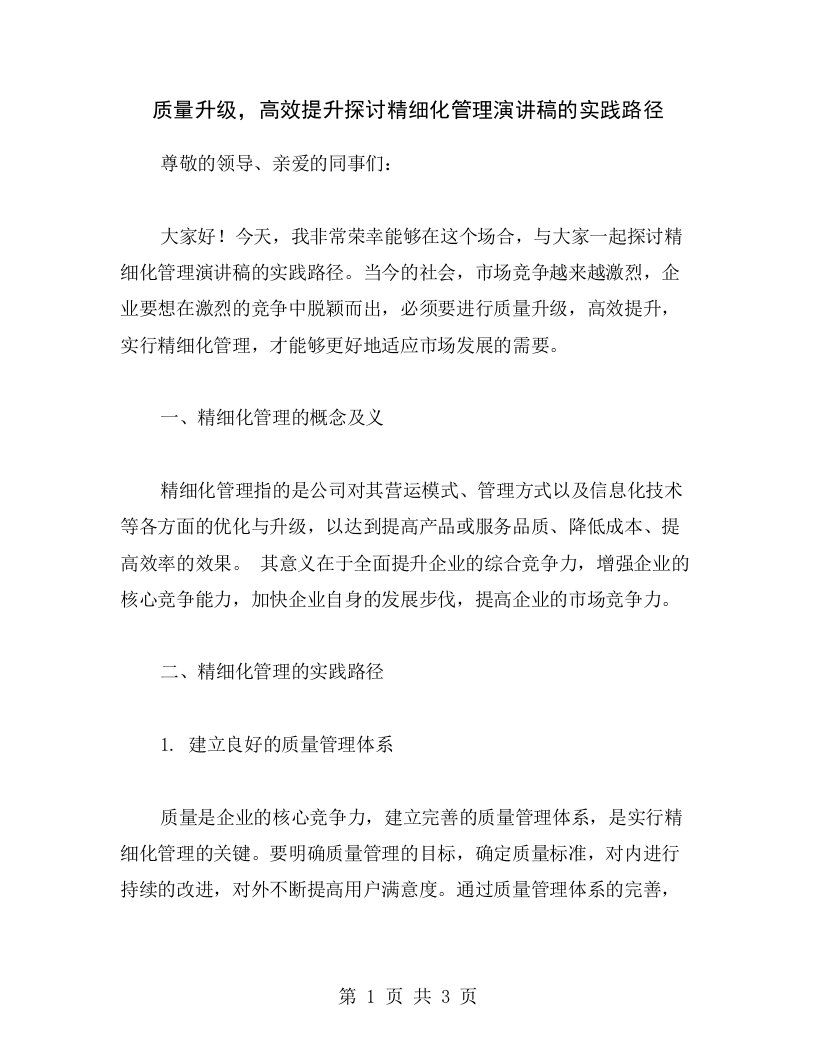 质量升级，高效提升探讨精细化管理演讲稿的实践路径