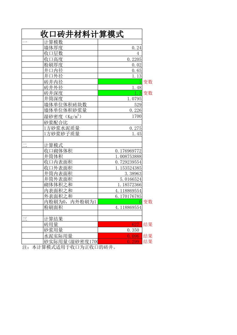 砖砌井材料用量计算公式