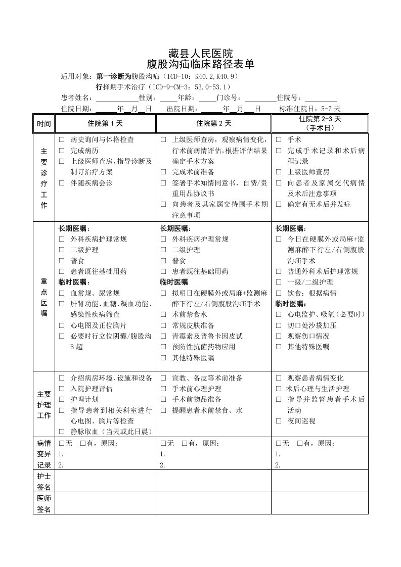 腹股沟疝临床路径表单