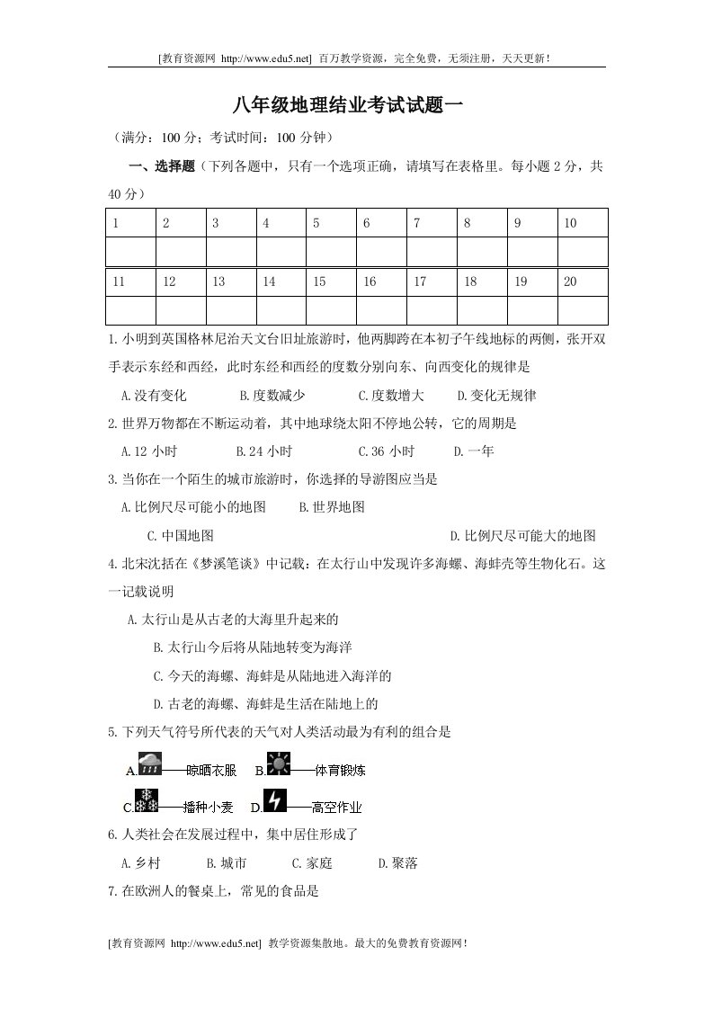 八年级地理结业模拟试题