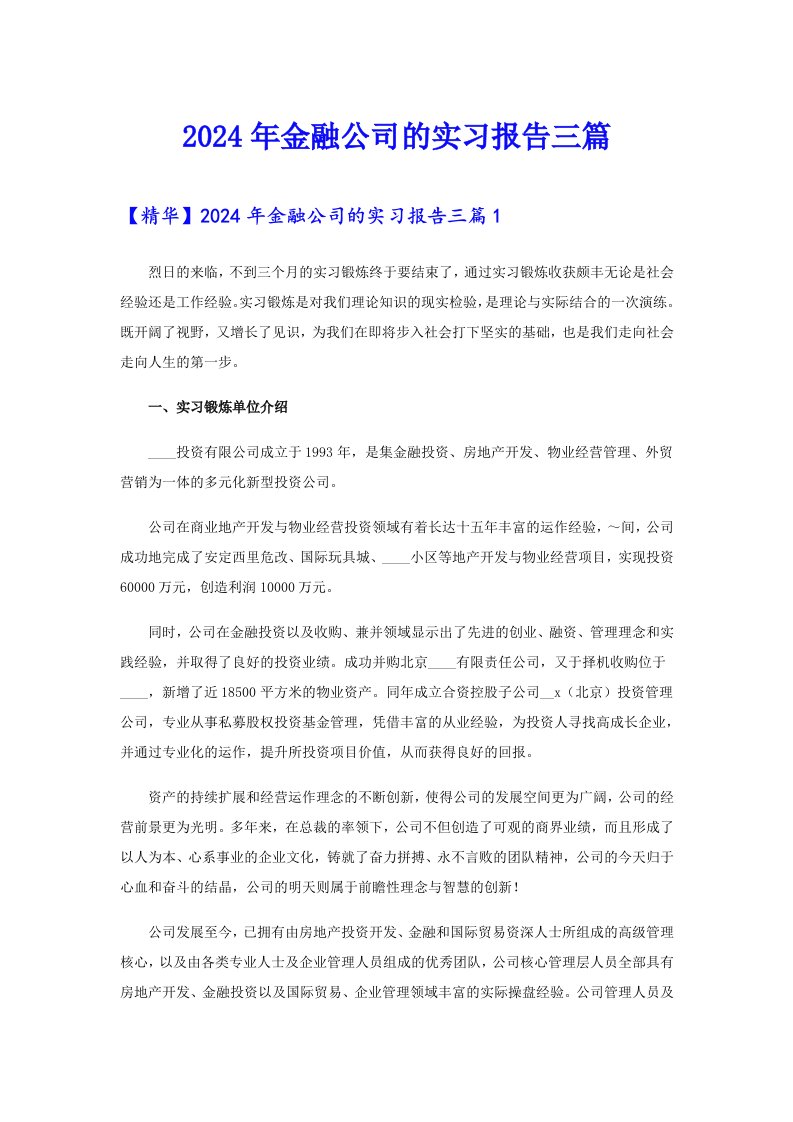 2024年金融公司的实习报告三篇