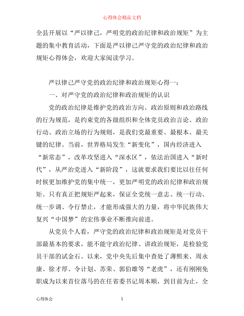 严以律己严守党的政治纪律和政治规矩心得