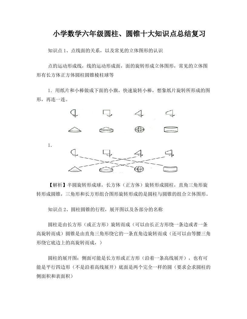 小学数学六年级圆柱、圆锥知识点总结复习