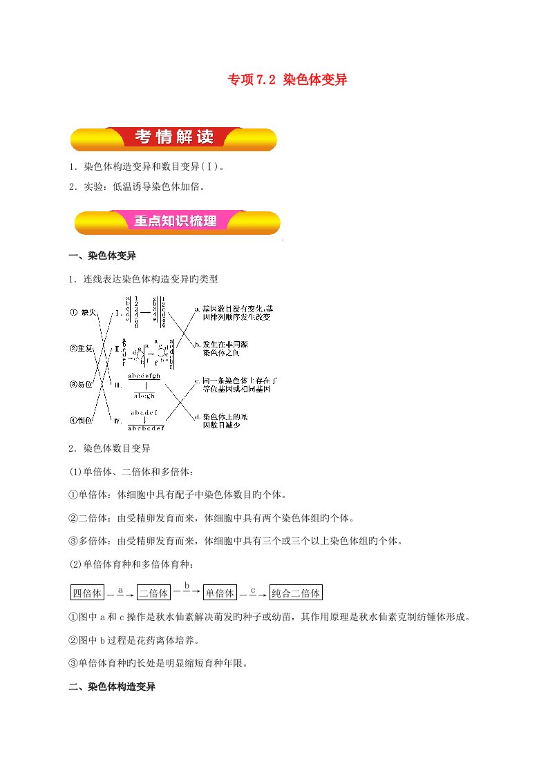 高考生物一轮复习专题7.2染色体变异教学案（含解析）