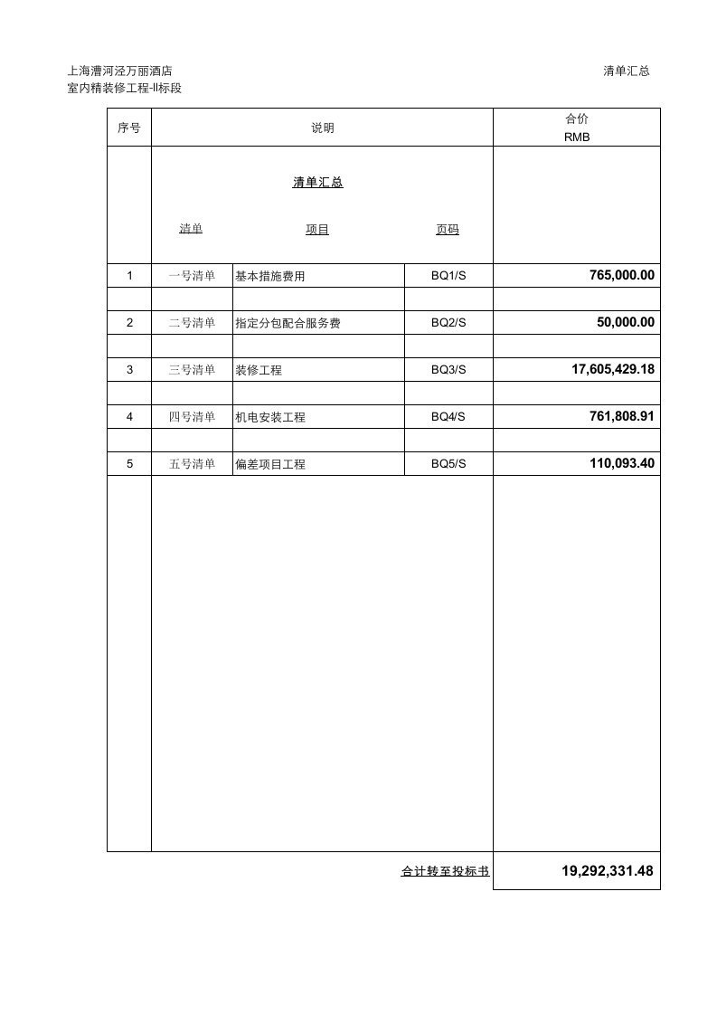 五星级酒店精装修报价清单