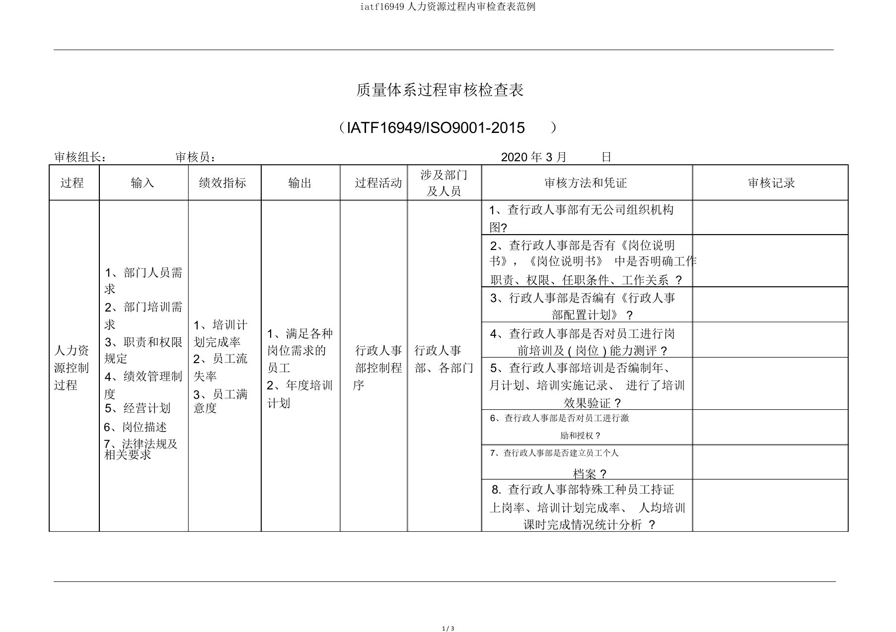 iatf16949人力资源过程内审检查表