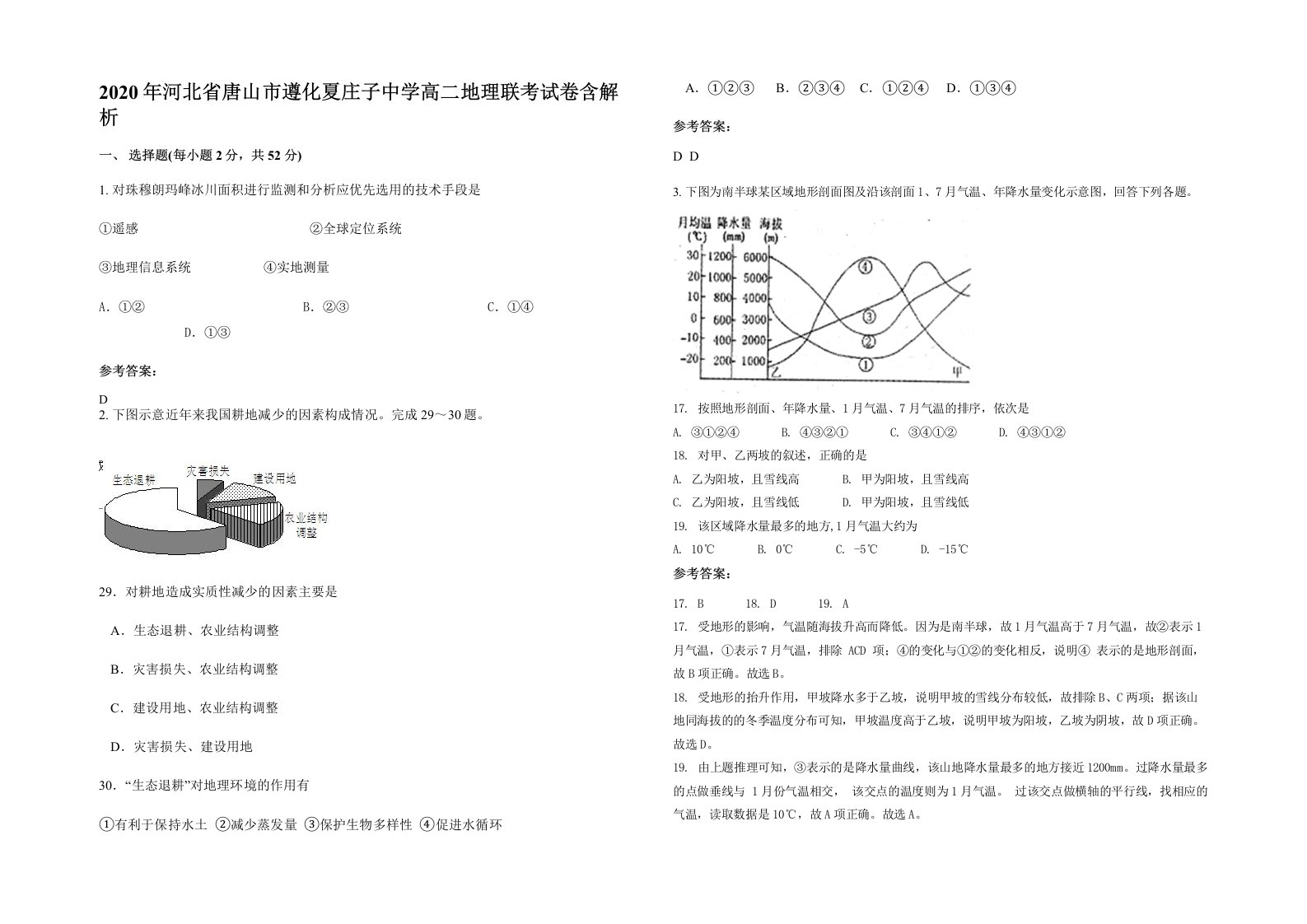 2020年河北省唐山市遵化夏庄子中学高二地理联考试卷含解析