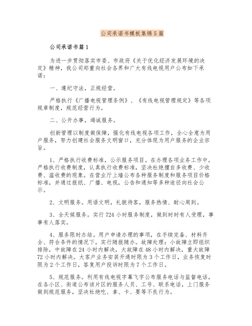 公司承诺书模板集锦5篇