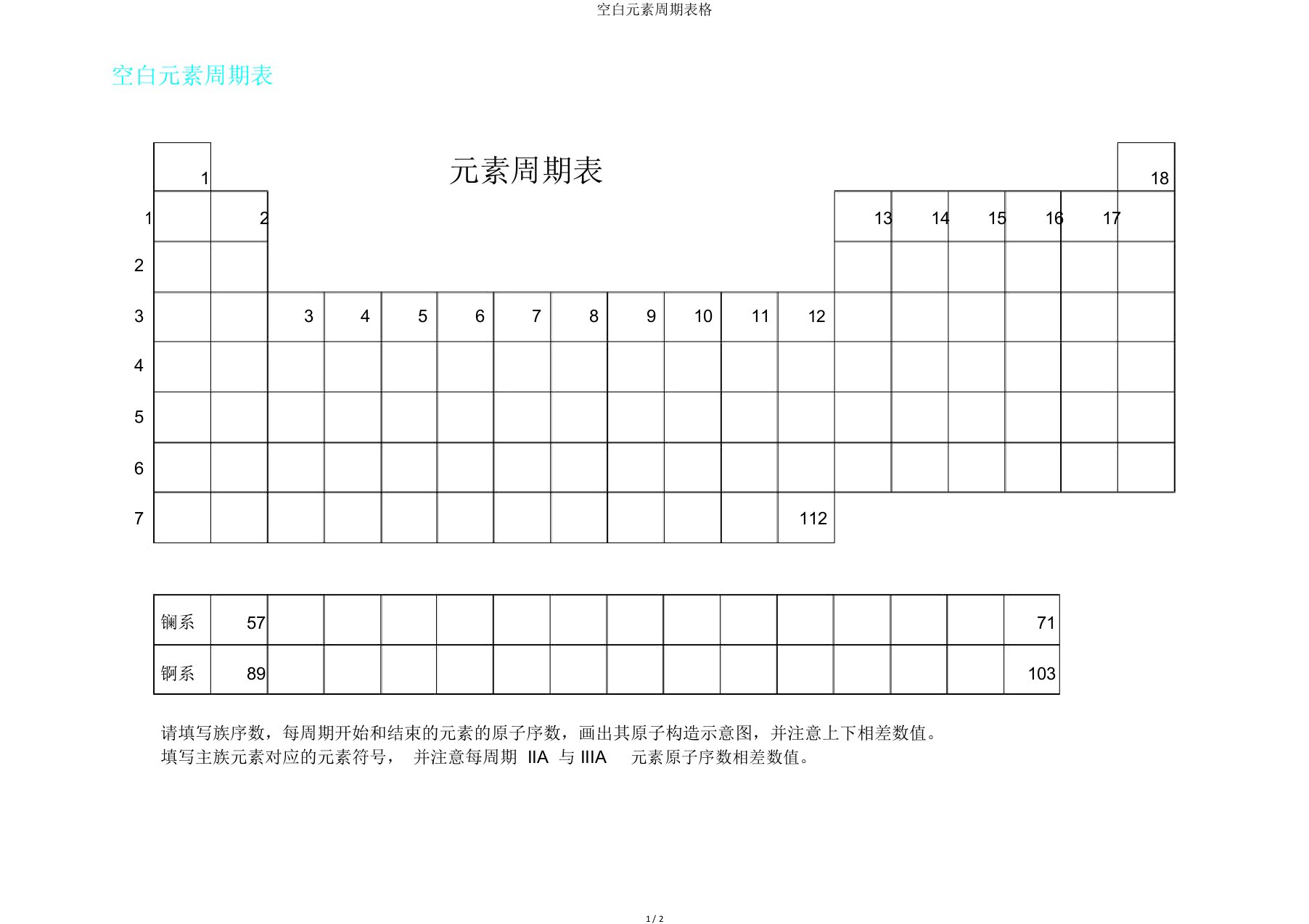 空白元素周期表格