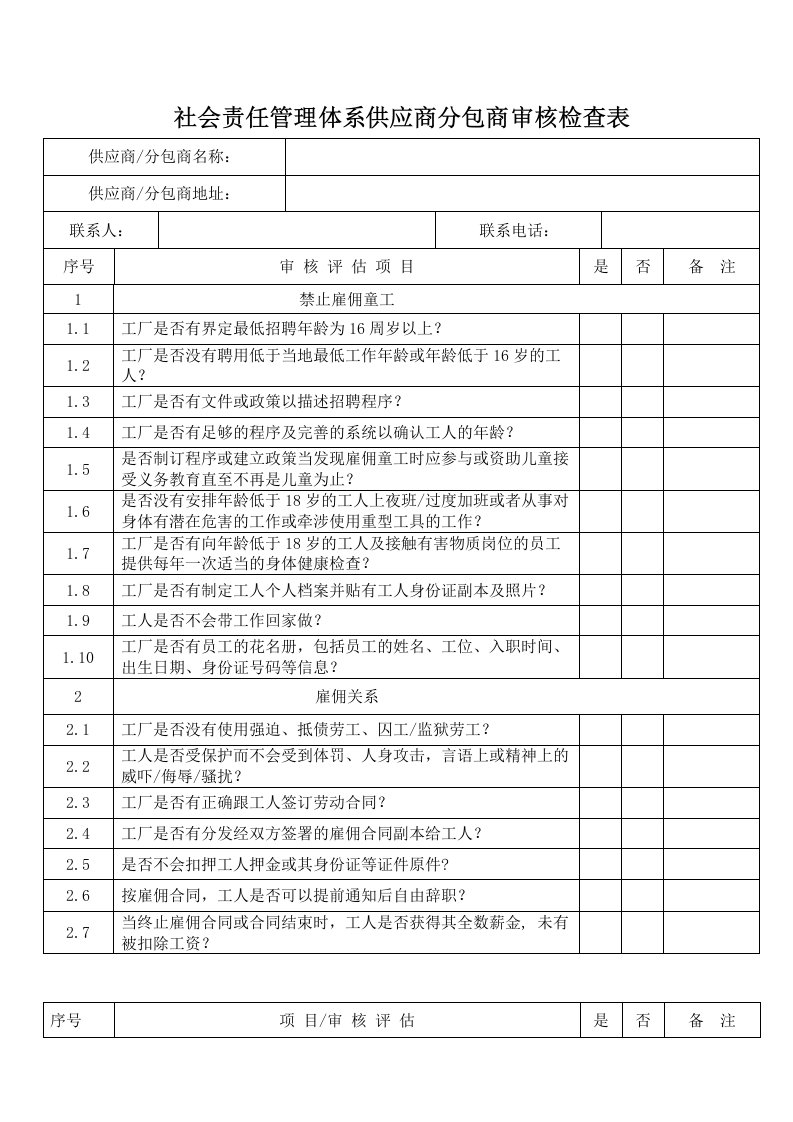 社会责任管理体系供应商分包商审核检查表