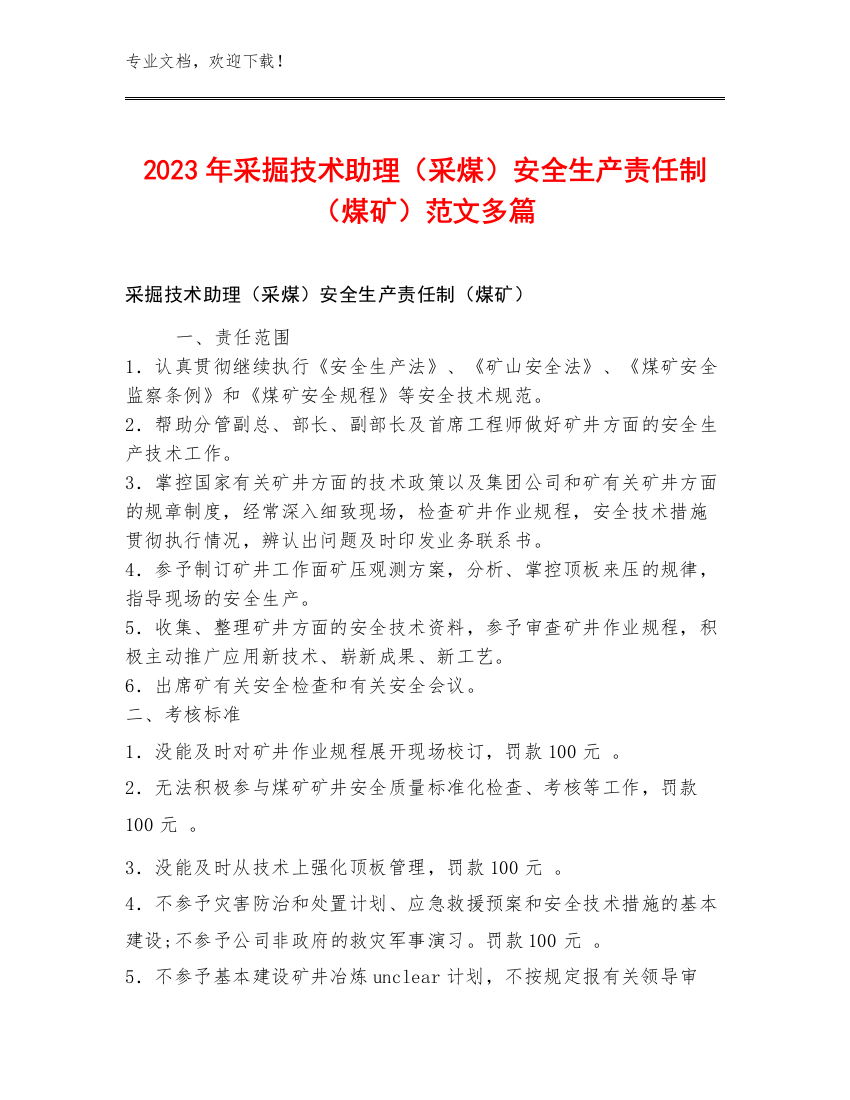 2023年采掘技术助理（采煤）安全生产责任制（煤矿）范文多篇