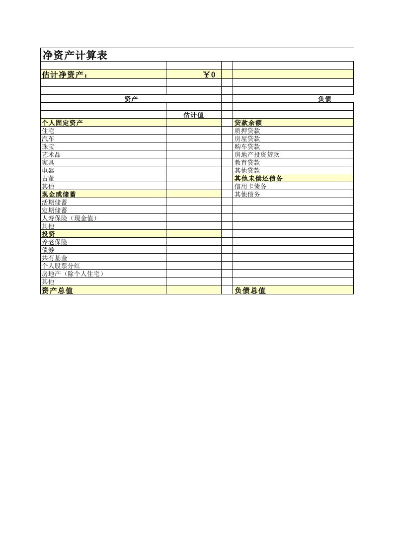 净资产表1【空白模板】