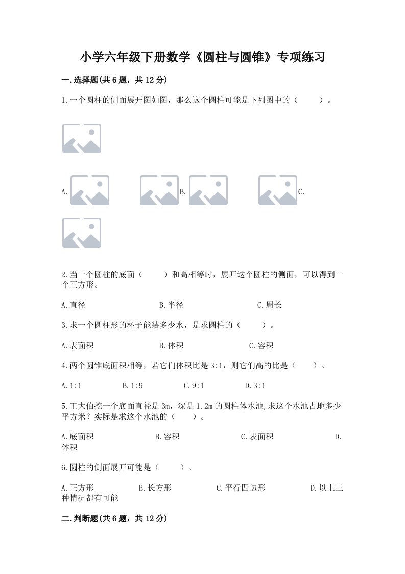 小学六年级下册数学《圆柱与圆锥》专项练习及完整答案【网校专用】