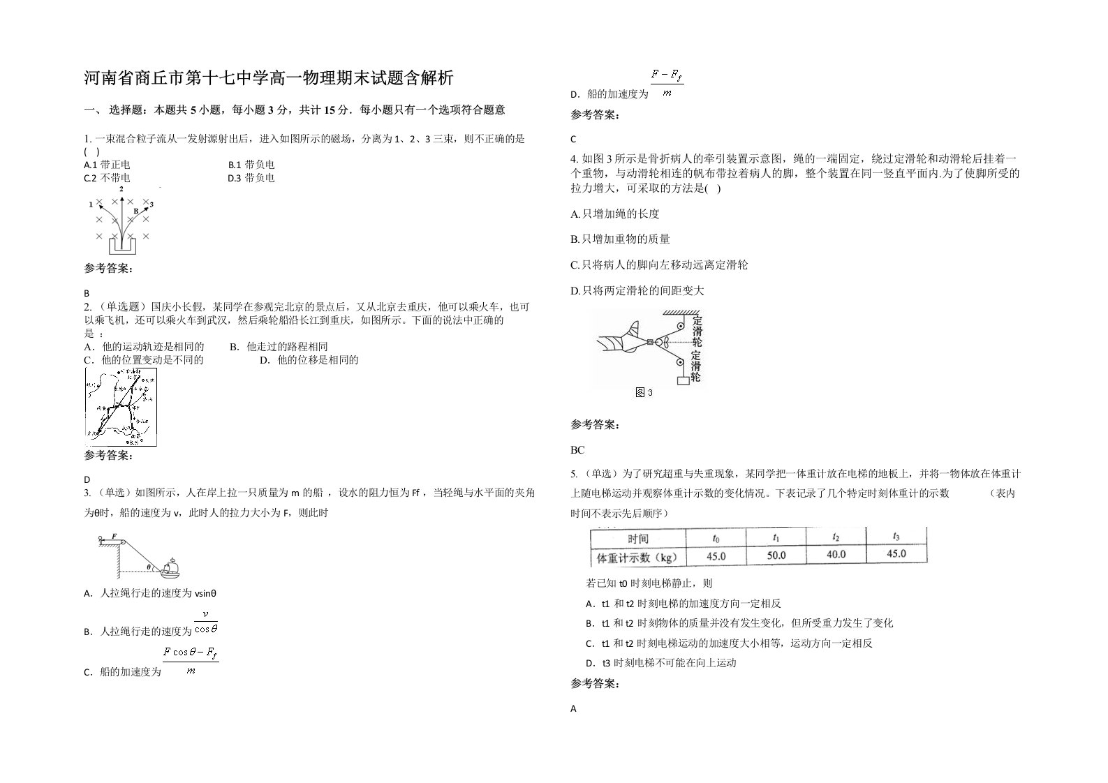 河南省商丘市第十七中学高一物理期末试题含解析