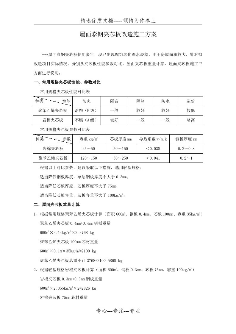 屋面彩钢夹芯板改造(更换)施工方案(共3页)