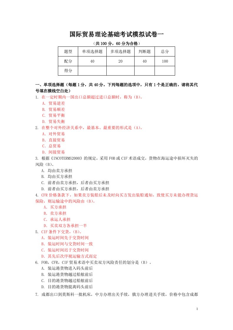 国际贸易理论基础考试模拟试卷一