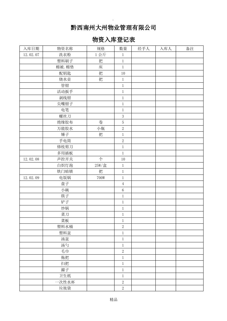 物资入库登记表