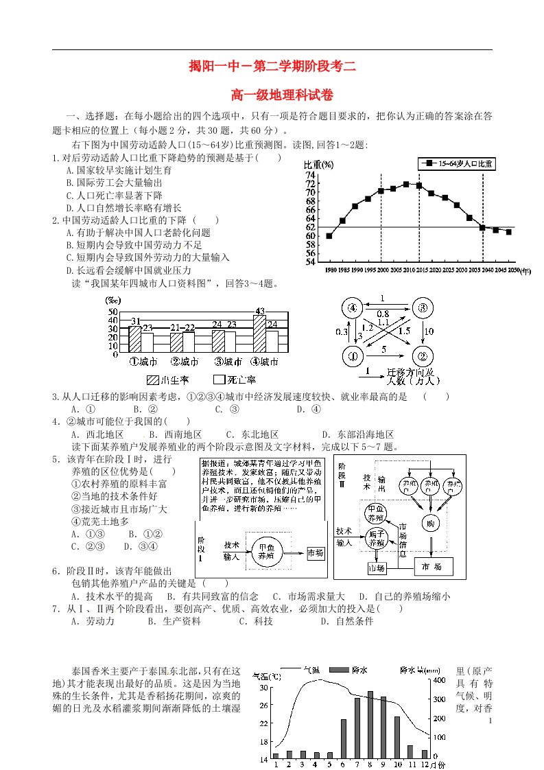 广东省揭阳市第一中学高一地理下学期第二次阶段考试试题