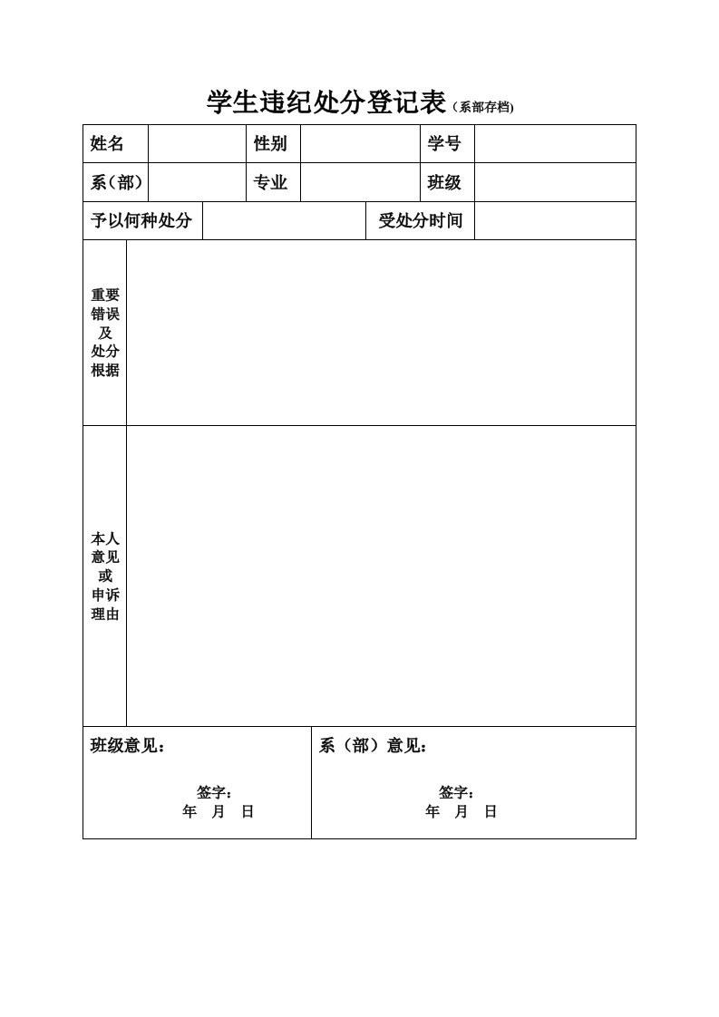 学生违纪处分登记表