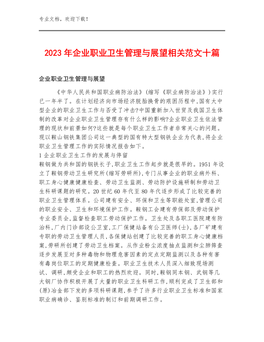 2023年企业职业卫生管理与展望相关范文十篇