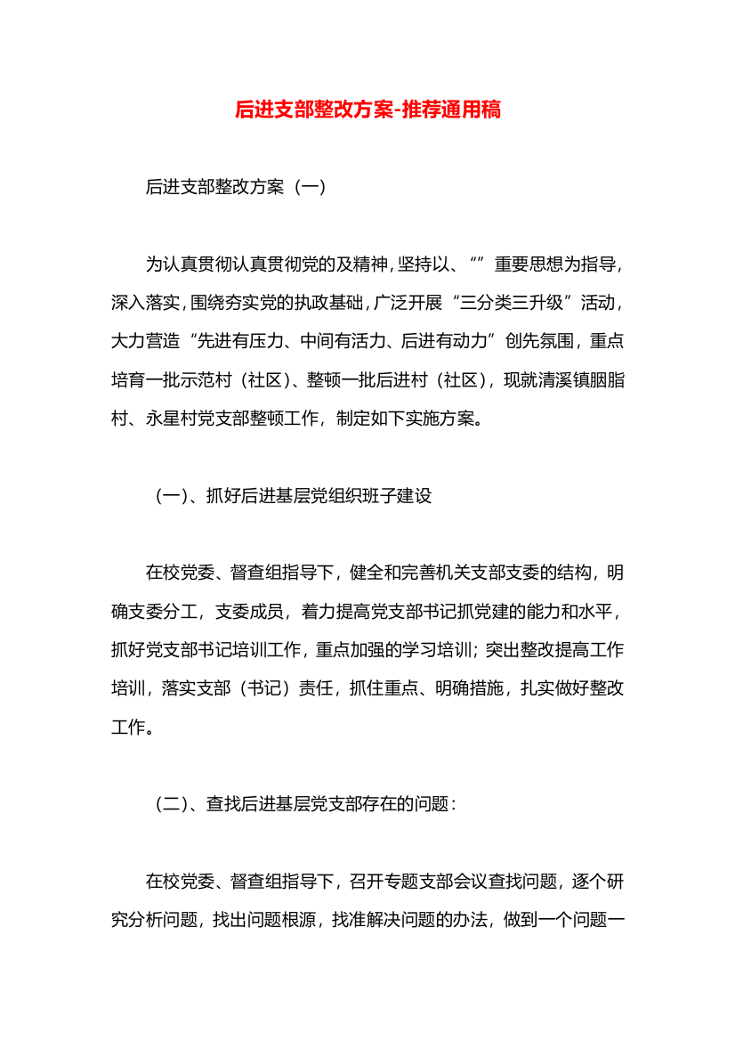 后进支部整改方案