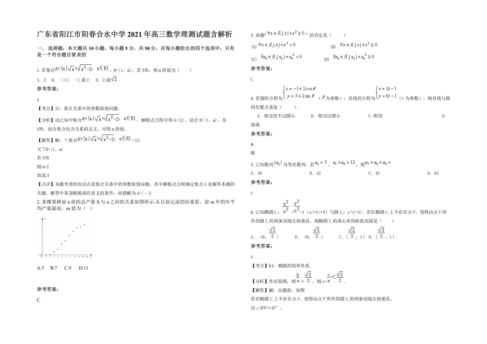 广东省阳江市阳春合水中学2021年高三数学理测试题含解析