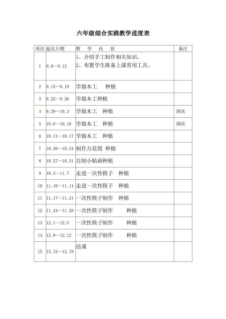 六年级综合实践教学进度表