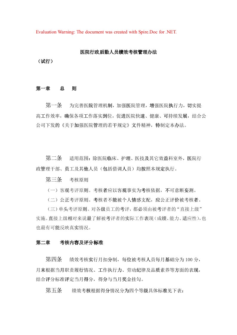 医院行政后勤人员绩效考核管理办法