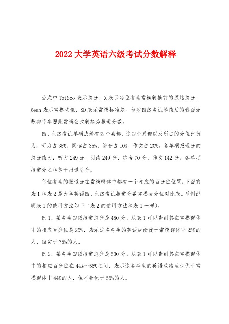 2022年大学英语六级考试分数解释