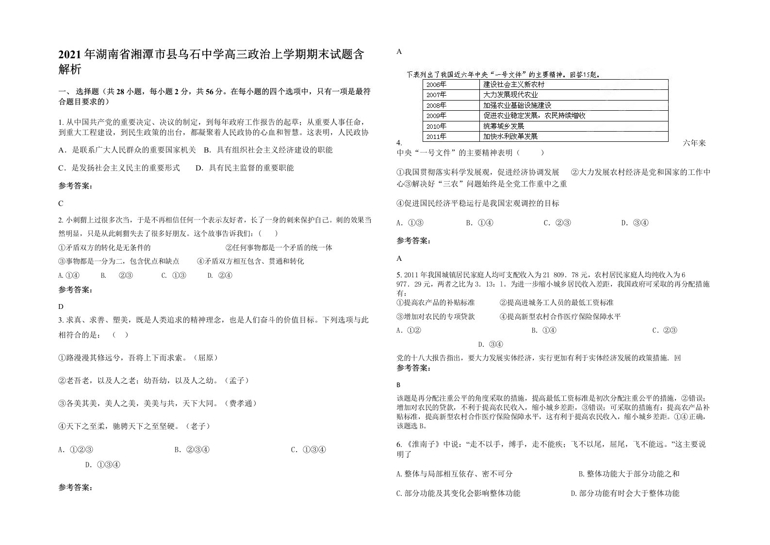 2021年湖南省湘潭市县乌石中学高三政治上学期期末试题含解析