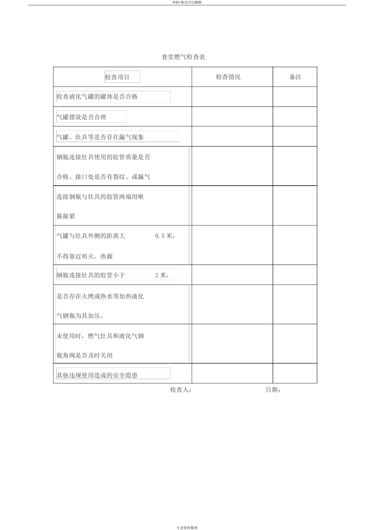 食堂燃气检查表