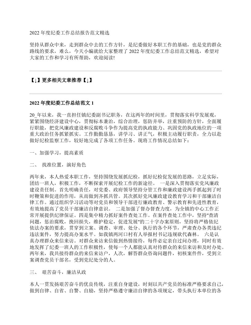 2022年度纪委工作总结报告范文精选