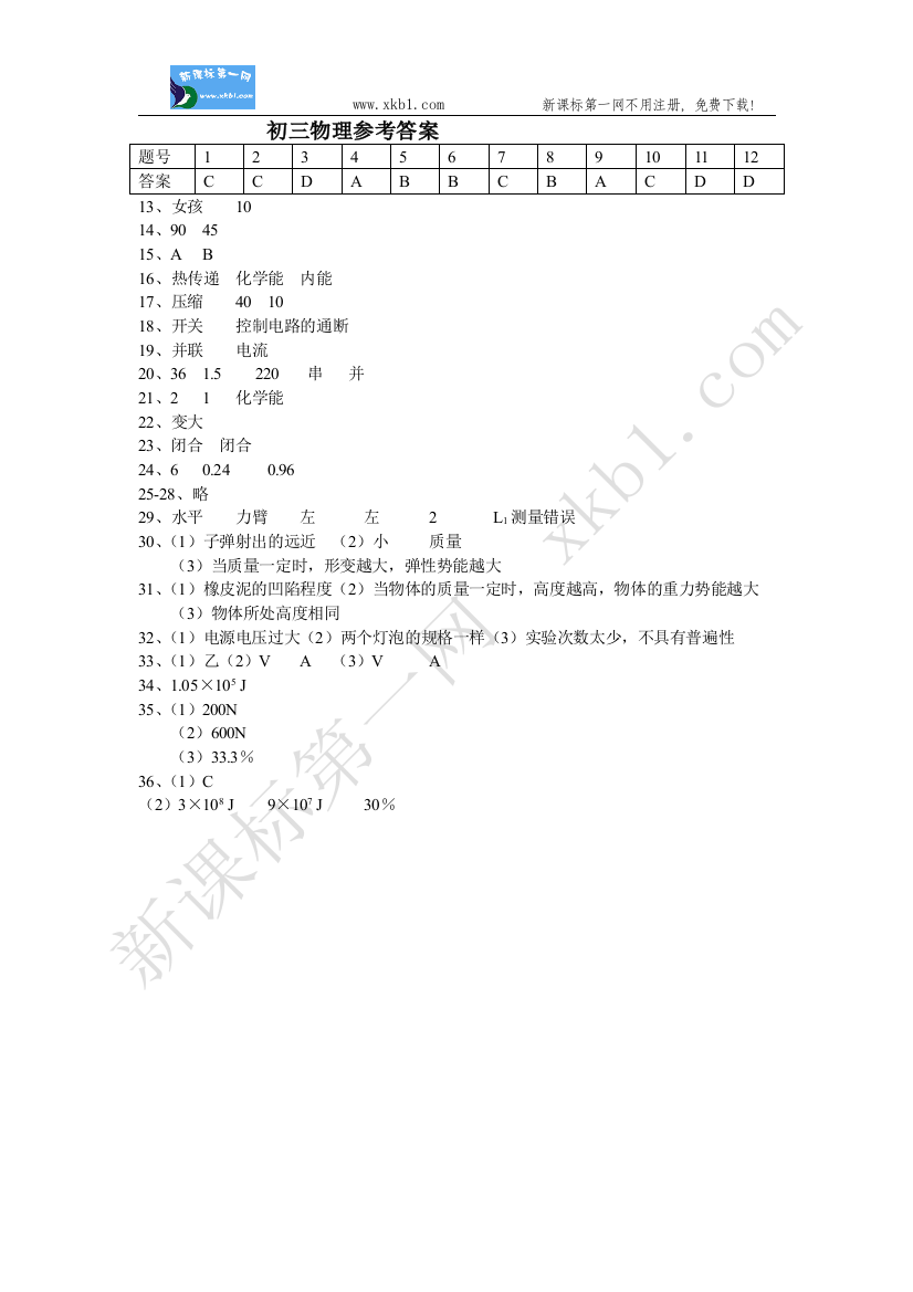 【小学中学教育精选】初三物理答案