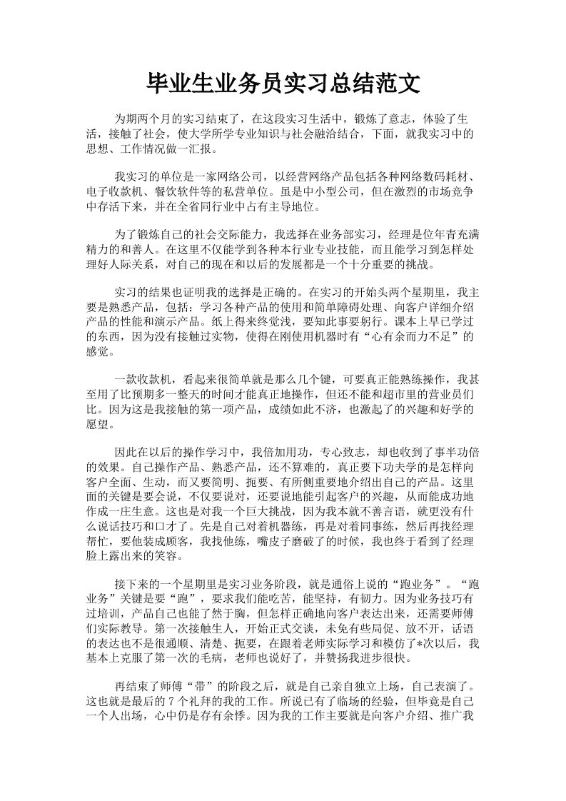 毕业生业务员实习总结范文