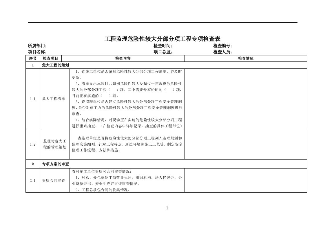 工程监理危险性较大分部分项工程专项检查表