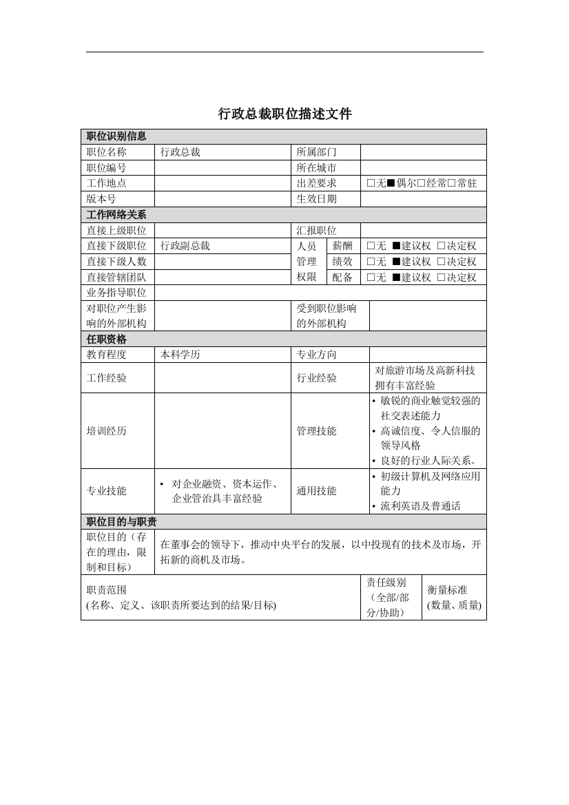 行政总裁岗位说明书