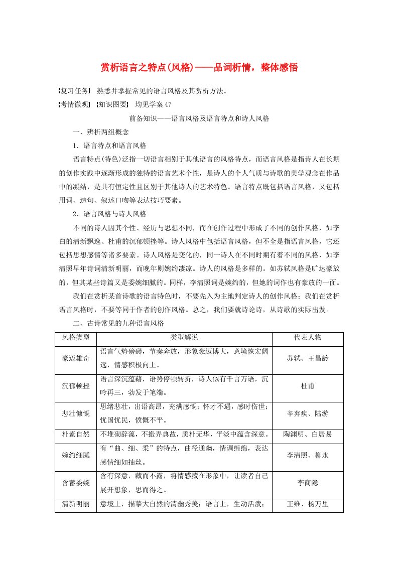 宁陕蒙青川2024届高考语文一轮复习教案板块六古诗阅读与鉴赏48赏析语言之特点风格__品词析情整体感悟