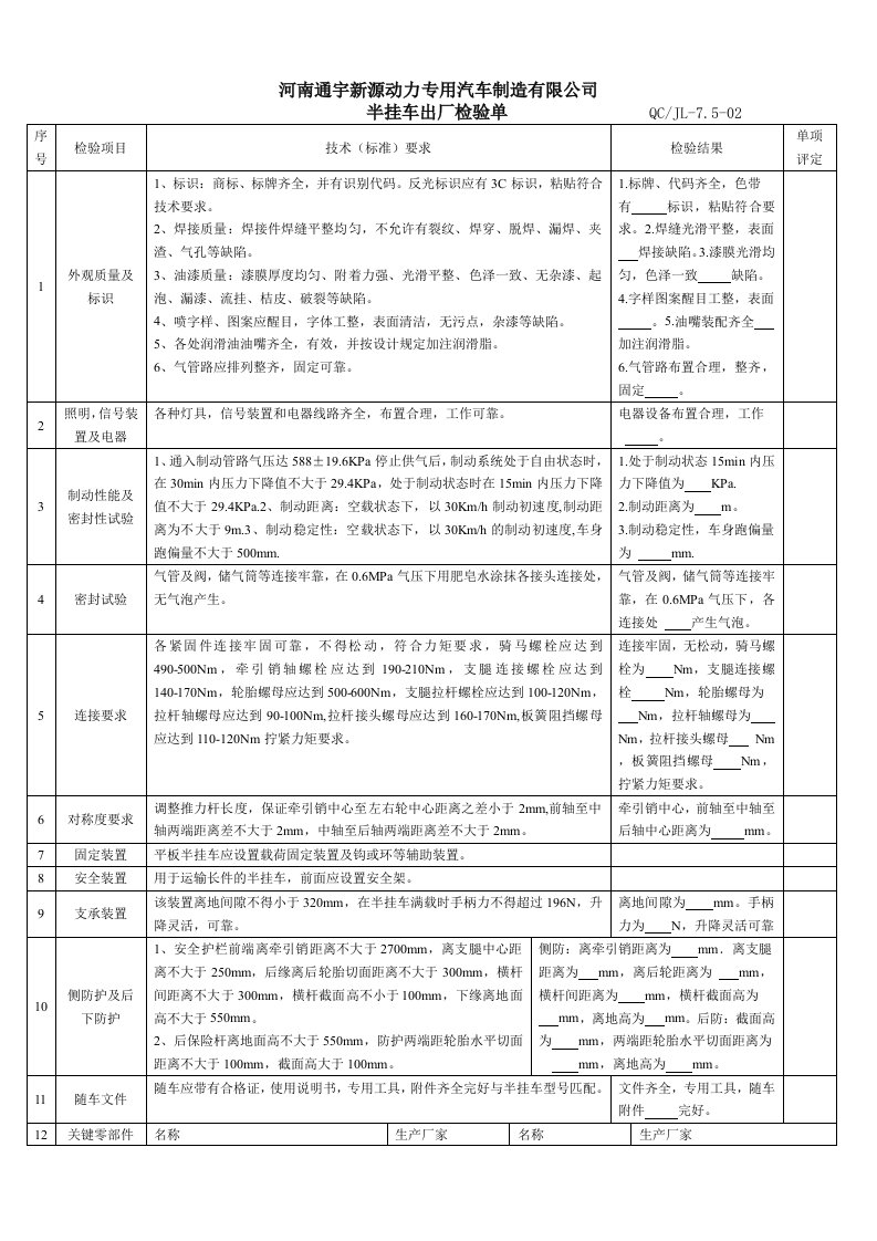 半挂车出厂检验单