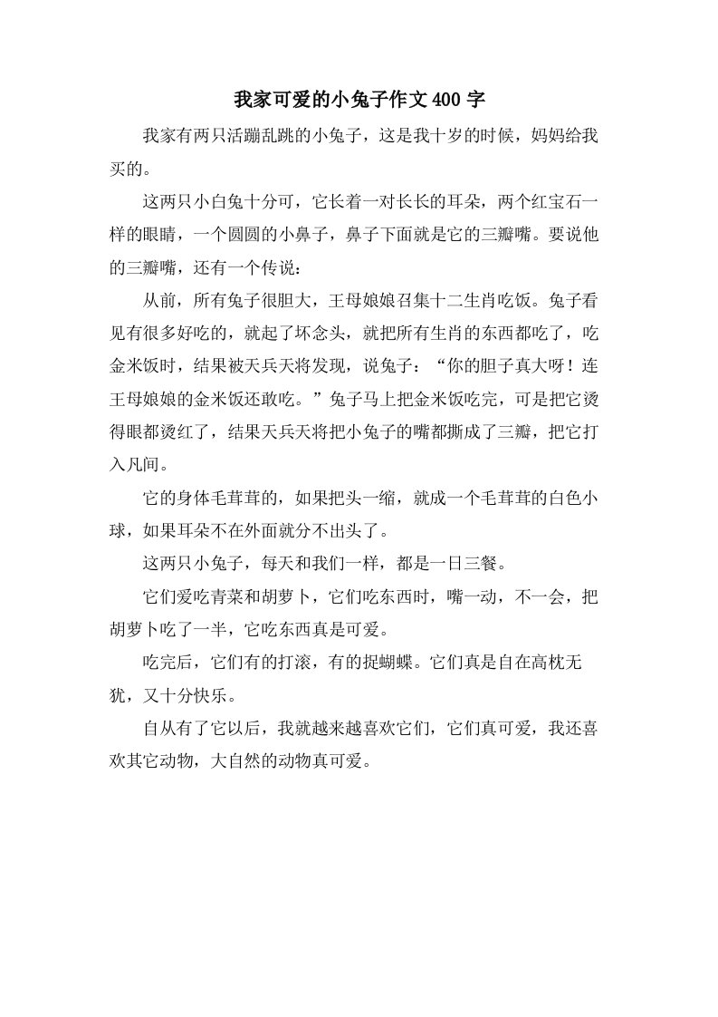 我家可爱的小兔子作文400字