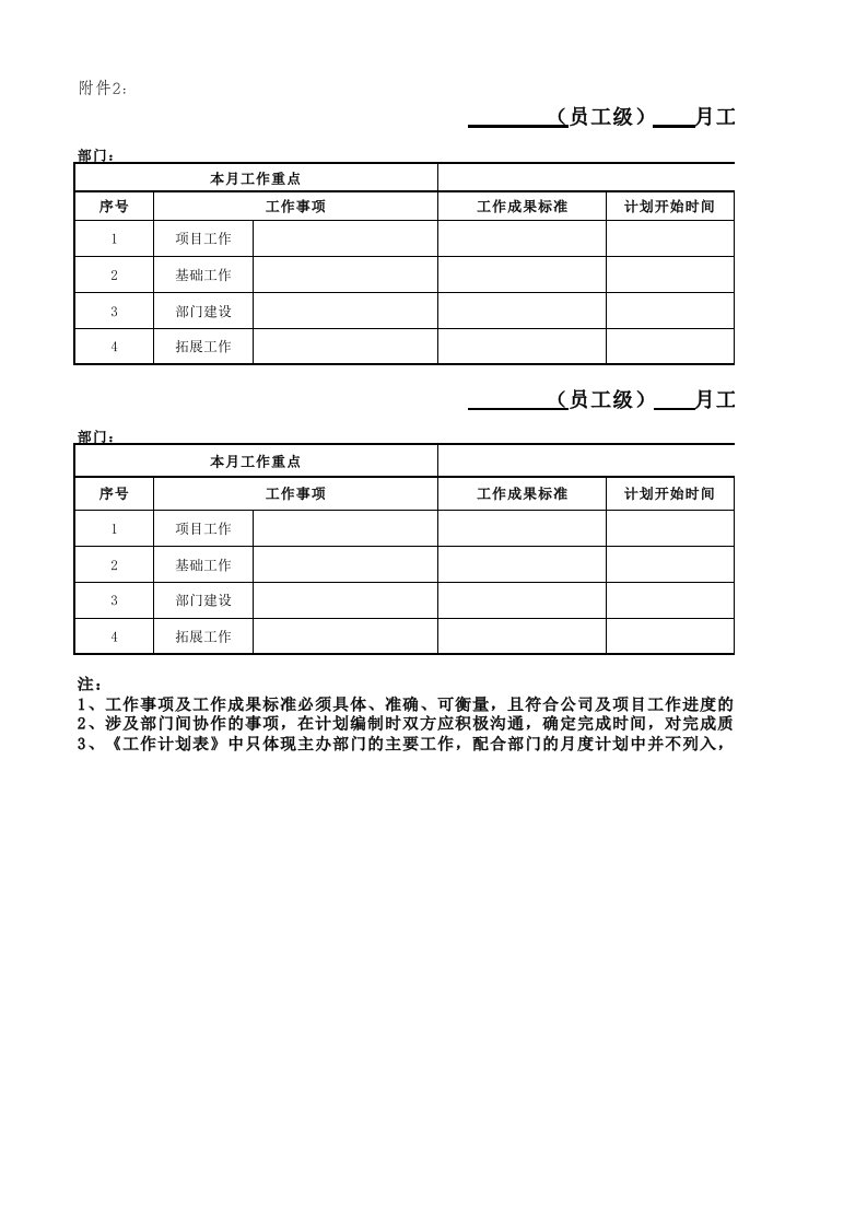 员工月度工作计划表及总结表