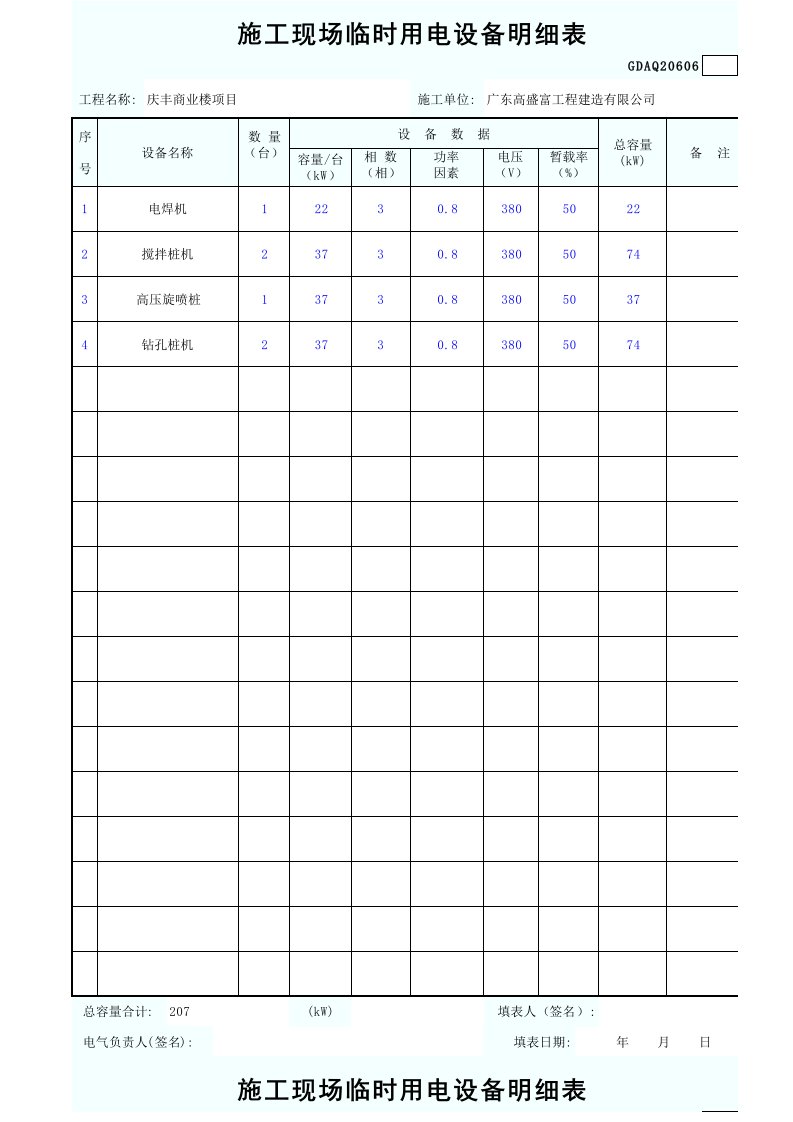 施工现场临时用电设备明细表