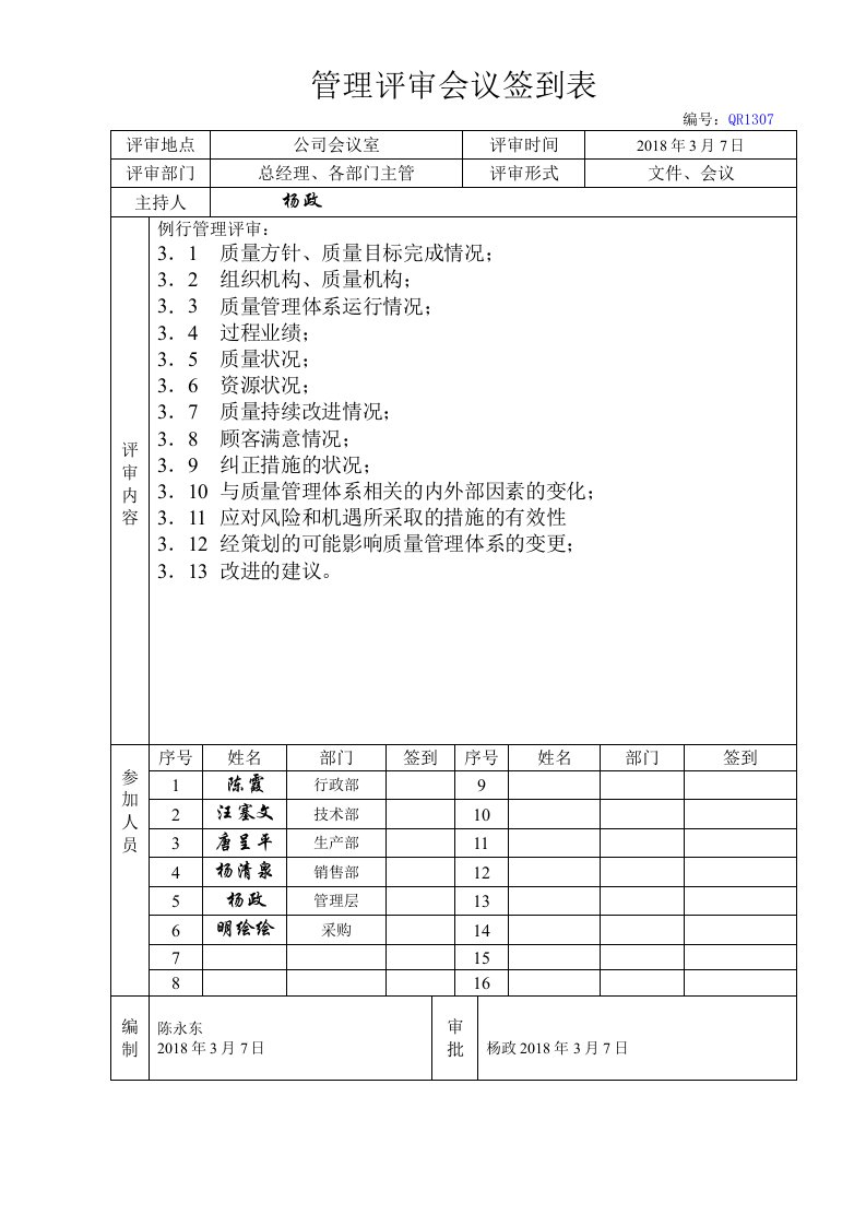 管理评审会议签到表