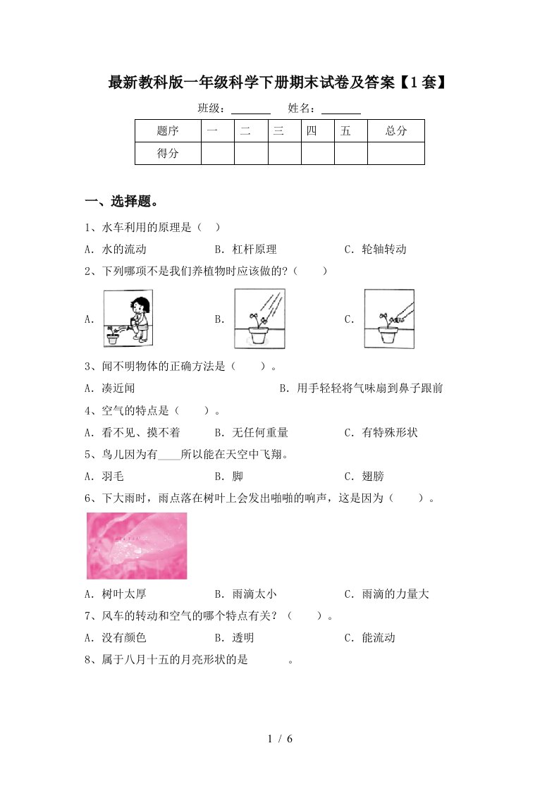 最新教科版一年级科学下册期末试卷及答案1套