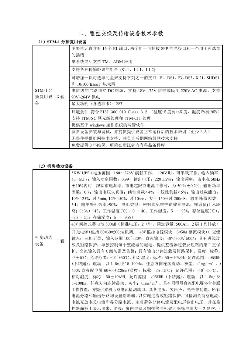 程控交换及传输设备技术参数