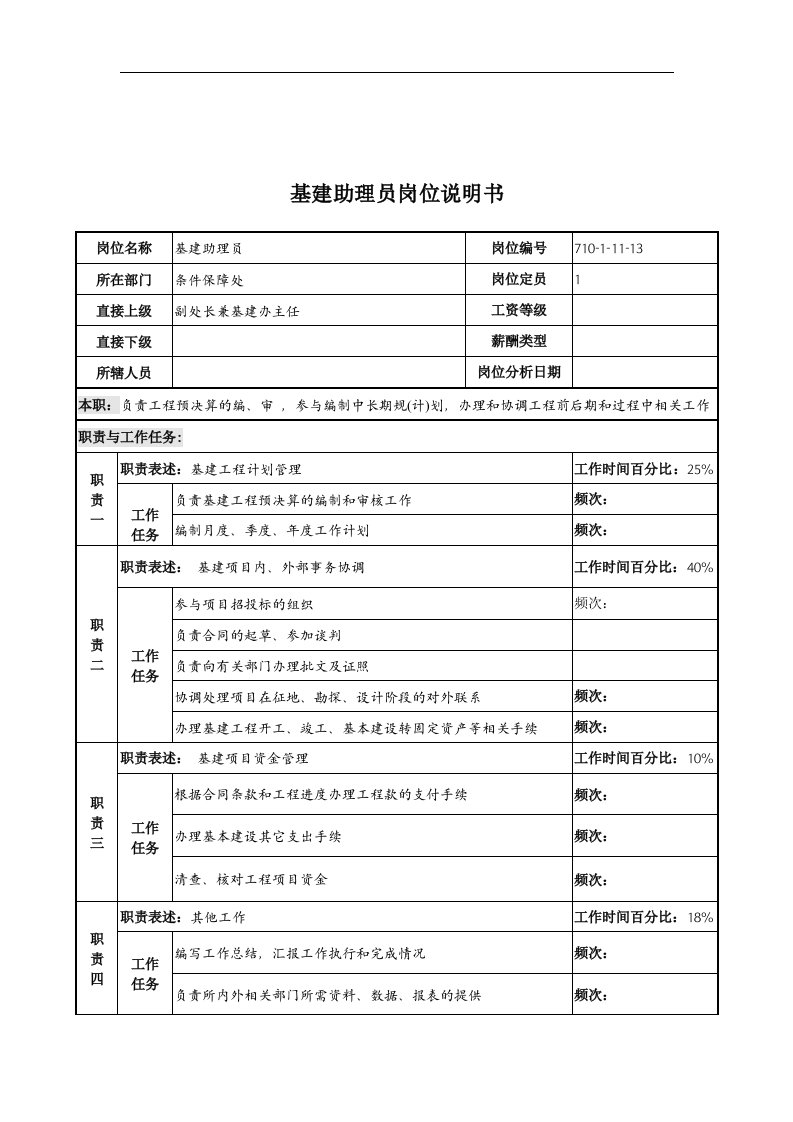 中船重工研究所条件保障处基建助理员岗位说明书