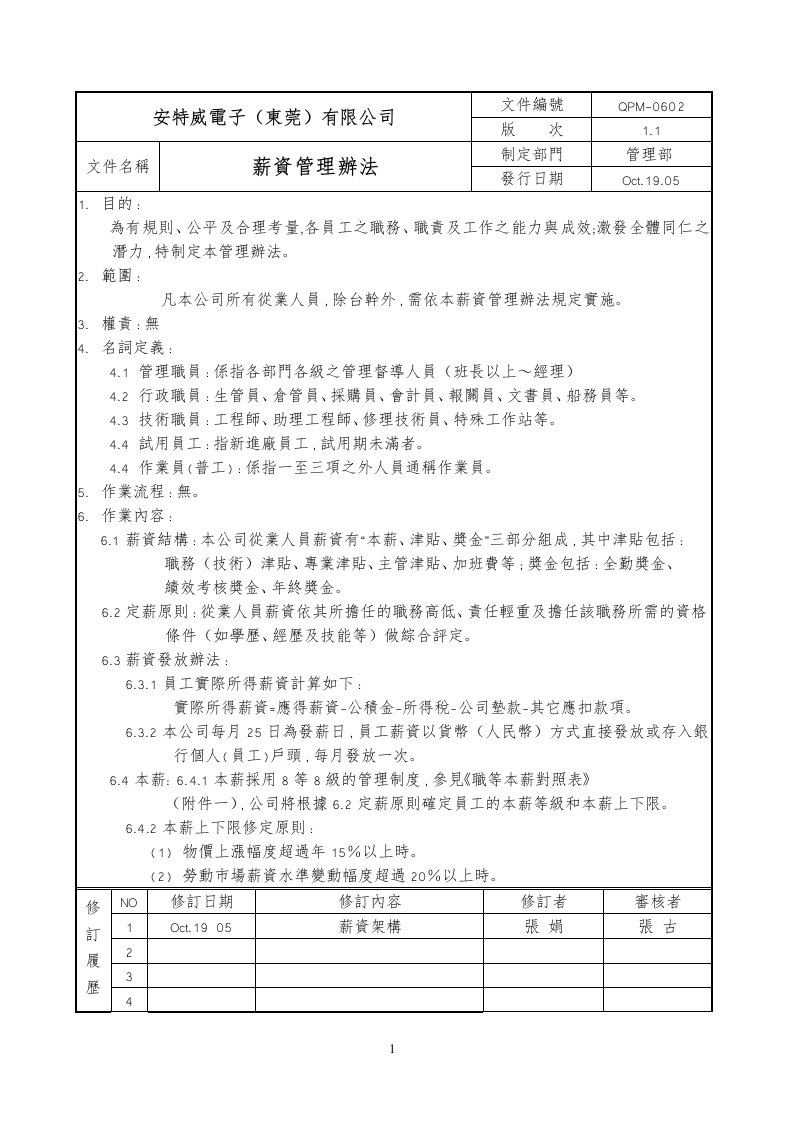 安特威灯具电子公司工资管理制度DOC-人事制度表格